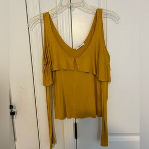 Cropped cold shoulder long sleeve mustard yellow ruffle top